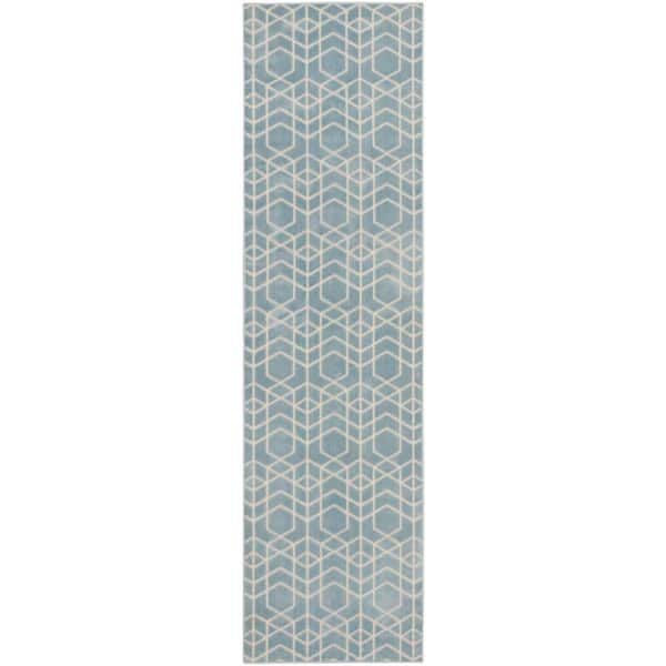 Washable Charm Blue Ivory 2 ft. x 10 ft. Geometric Contemporary Runner Area Rug