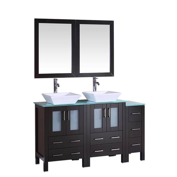 Bosconi 60 in. W Double Bath Vanity in Espresso with  Glass Vanity Top with White Basin and Mirror