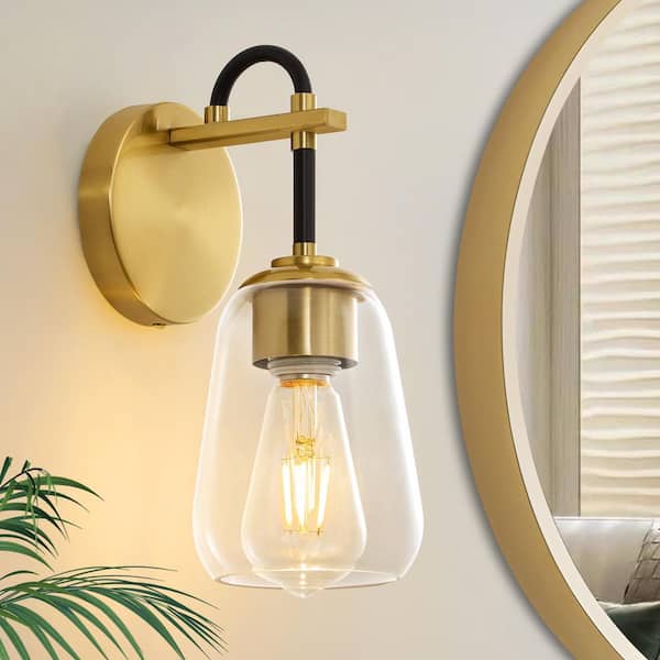 Modern 1-Light Gold Industrial Wall Sconce with Clear Glass Shade