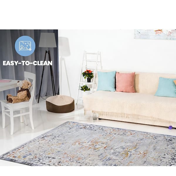 6 ft. x 7 ft. Ivory Grey Abstract Washable for Bedroom, Dining Room, Living Room Area Rug