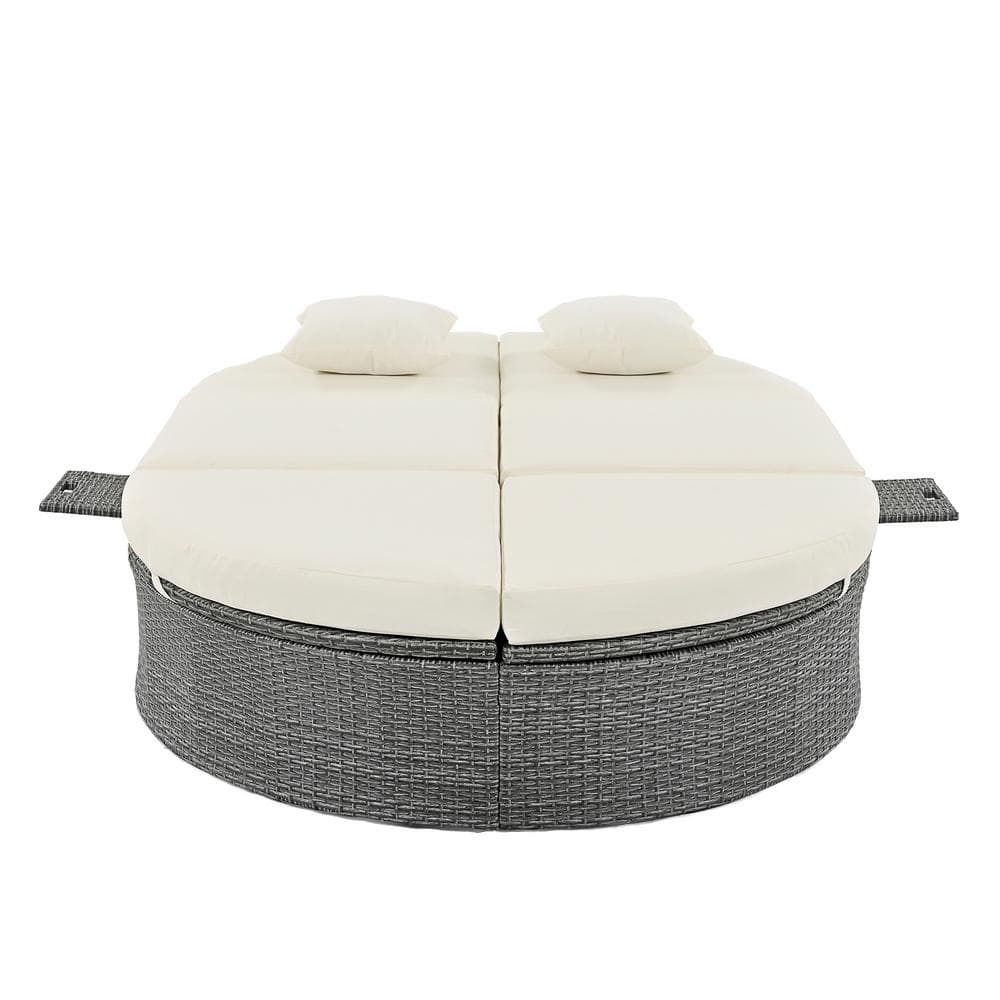 Beige PE Rattan Metal Waterproof Fabric Outdoor Chaise Lounge with Resistan