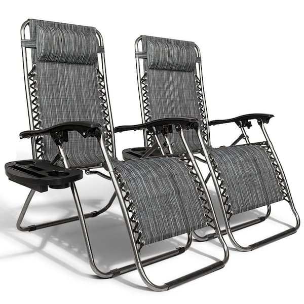 Karl home Zero Gravity Metal Folding Reclining Gray Fabric Lawn Chair with Cup Holder (Set of 2)