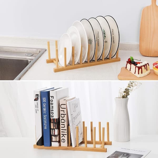 Dish Rack for Kitchen Countertop Organizer - SS304 Portable Handle Bamboo  Plate Holder for 6.75 to 12.5 Plates Organizer Adjustable Size for Drawer