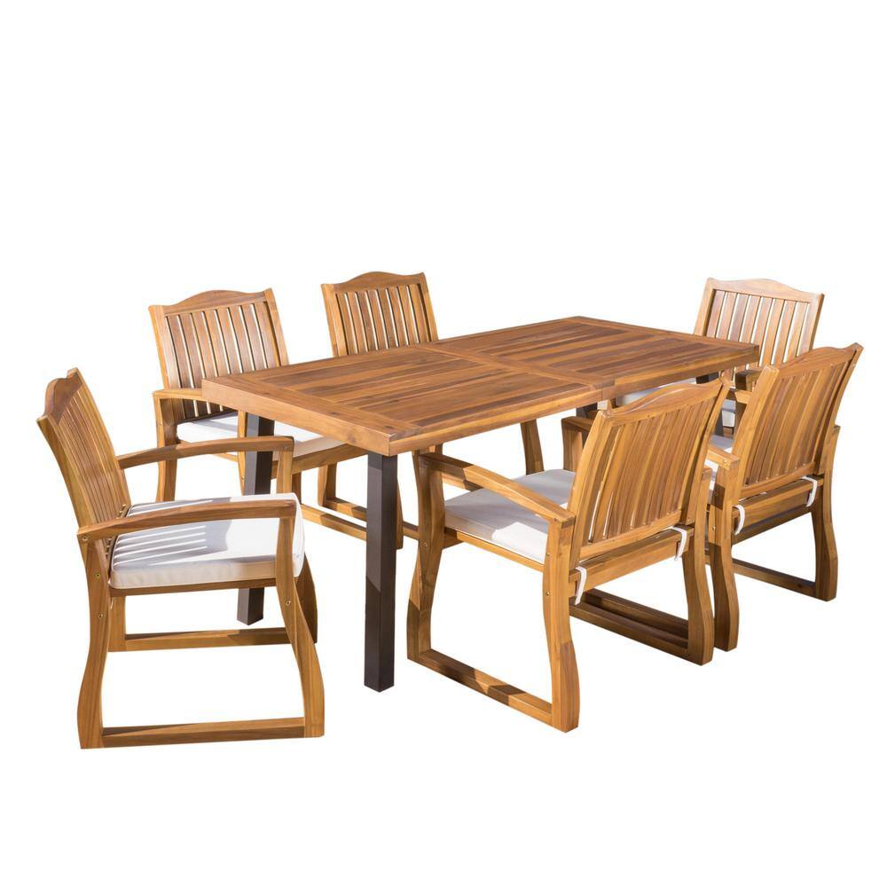Noble House Della Teak Finish 7-Piece Wood Outdoor Patio Dining Set ...