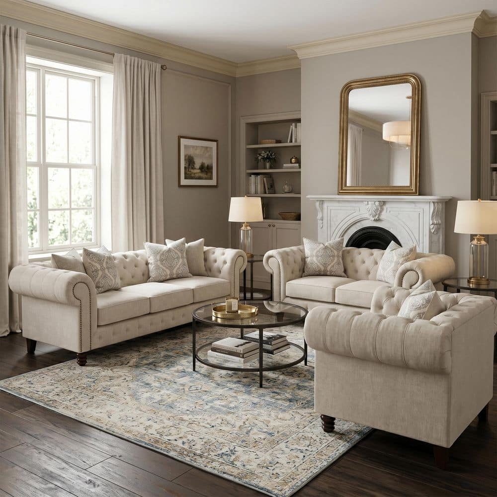 Rati 3-Piece Beige Fabric Chesterfield Living Room Set with Button Tufted and Nailhead Trim