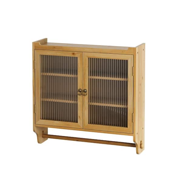 24.8 in. W x 7.08 in. D x 23.62 in. H Bathroom Storage Wall Cabinet with Glass Doors and Towel Rack in Natural Brown