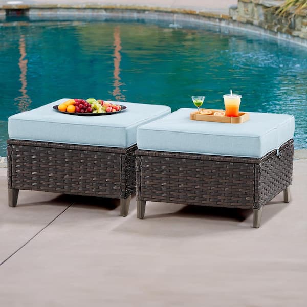 Sudzendf Brown Wicker Patio Outdoor Ottomans Set of 2, Footstools with Light Blue Removable Cushions for Garden Backyard Porch
