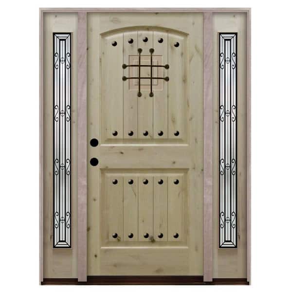 Steves & Sons 64 in. x 80 in. Rustic 2-Panel Speakeasy Unfinished Knotty Alder Wood Prehung Front Door with Sidelites