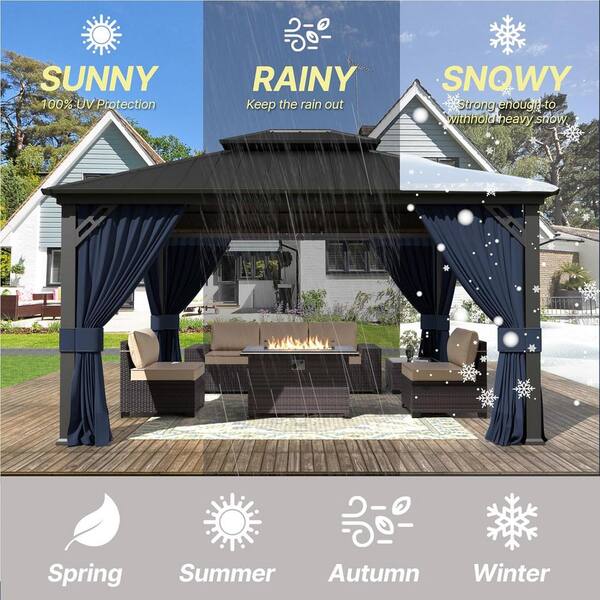 Halmuz 12 ft. x 16 ft. Gray Hardtop Gazebo with Curtain Navy Blue
