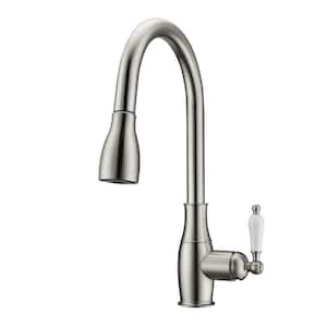 Cullen Single Handle Deck Mount Gooseneck Pull Down Spray Kitchen Faucet with Porcelain Handle in Brushed Nickel