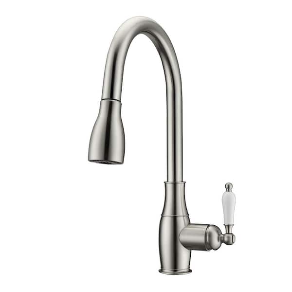 Barclay Products Cullen Single Handle Deck Mount Gooseneck Pull Down Spray Kitchen Faucet with Porcelain Handle in Brushed Nickel
