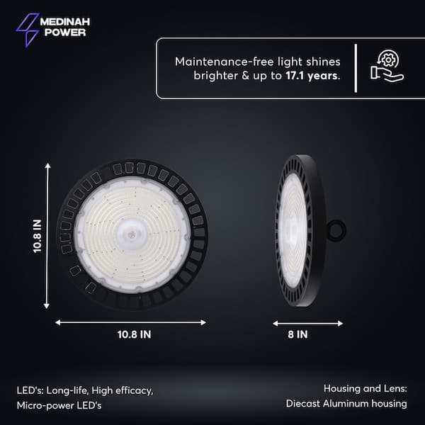 MEDINAH POWER 11 in. Round 1000-Watt Equivalent Integrated LED Dimmable Bronze High Bay Light, 35000 Lumens, 4000K Bright white light