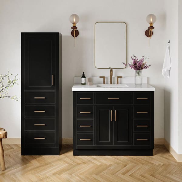 Hepburn 43 in. Single Sink Bath Vanity with Pure White Quartz Top and Linen Cabinet in Black