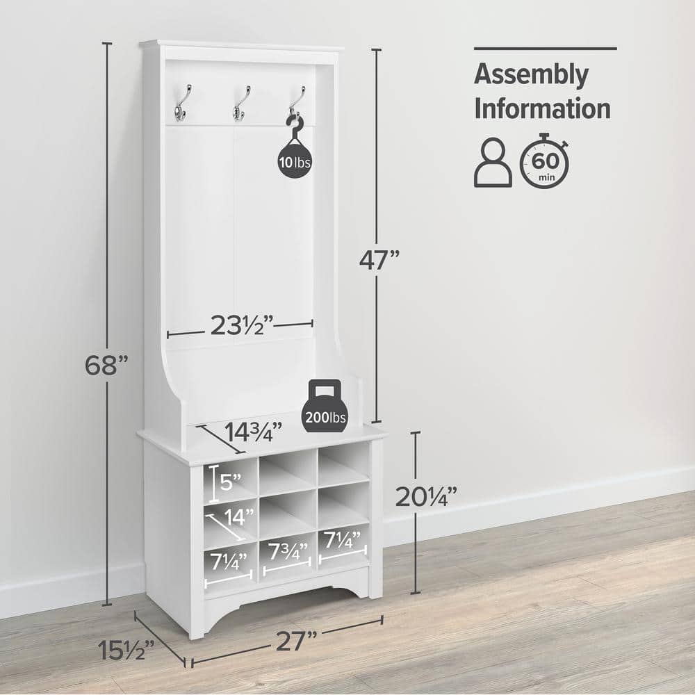 White Wood and Metal Hall Tree with 9 Shoe Cubbies