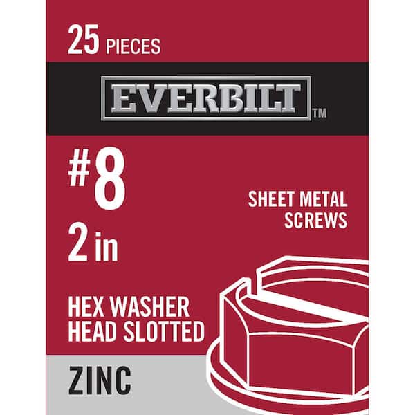 Everbilt #8 x 2 in. Slotted Hex Head Zinc Plated Sheet Metal Screw (25-Pack)