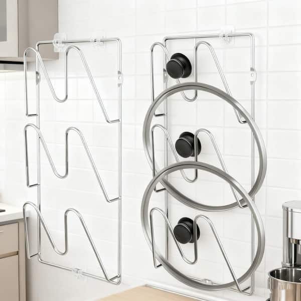 2-Piece Silver Pot Lid Organizer for Cabinet, 6-Tier No Drilling Wall Mounted Pot Rack for Kitchen Organization