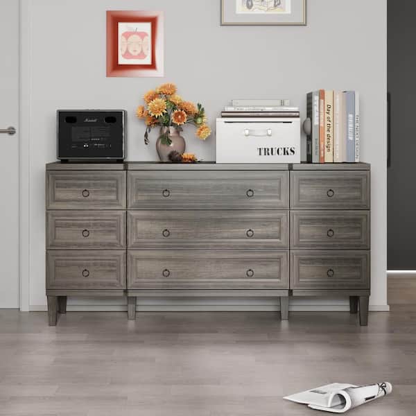 FUFU&GAGA Dark Gray Wood Grain 9-Drawer 63.4 in. W Chest of Drawers,Exuding Rustic American Charm with Solid and Substantial Build