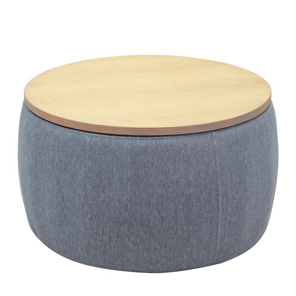 25.5in Dark Grey Fabric Drum Coffee Table with Storage/Round Storage Ottoman with Removable Wooden Tabletop