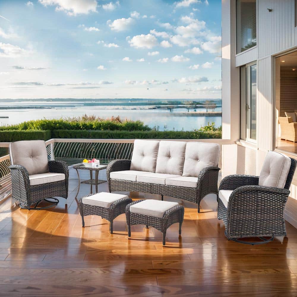Carlos Brown 6-Piece Steel Wicker Patio Conversation Deep Seating Set with Thick Beige Cushions with Ottomans price history on PriceWatchPro