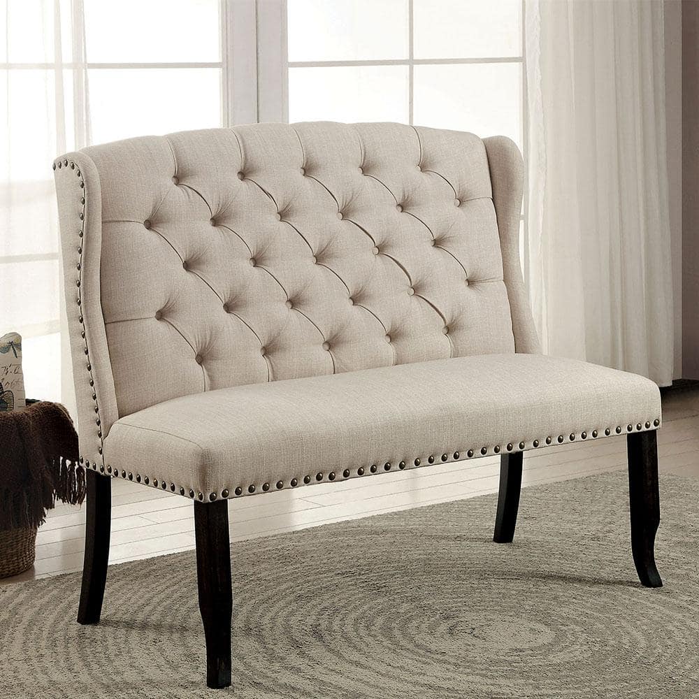 Elegant Transitional 48" White Linen-Like Love Seat Bench