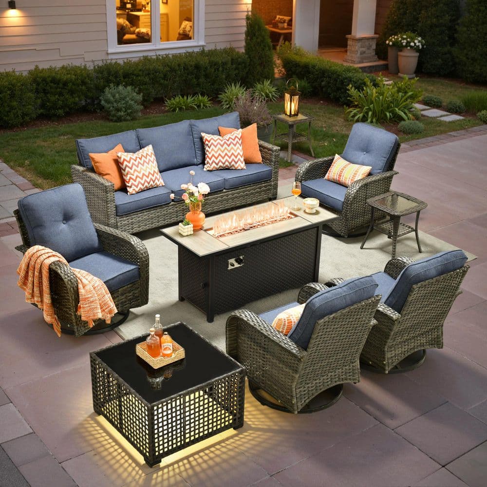 Poise 9-Pieces Wicker Outdoor Patio Rectangular Fire Pit Set and Swivel Rocking Chairs with Denim Blue Cushions price history on PriceWatchPro