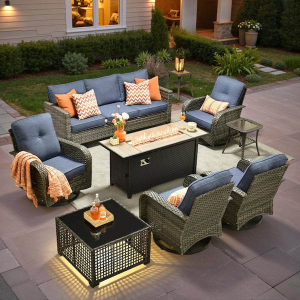 Poise 9-Pieces Wicker Outdoor Patio Rectangular Fire Pit Set and Swivel Rocking Chairs with Denim Blue Cushions