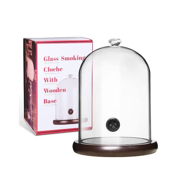 Clear Glass Dome Cloche with Walnut Wood Base Silicone Valve Smoking Cloche for Food and Drinks Kitchen Accessory
