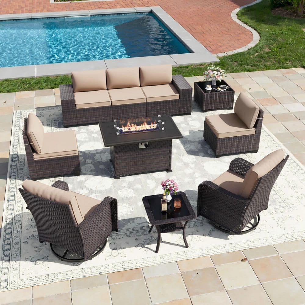 10-Piece Wicker Outdoor Patio Conversation Set with 55000 BTU Propane Fire Pit Table and Swivel Rocking Chairs, Sand