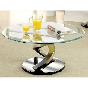 Nevington 38 in. Satin Plated and Black Round Glass Top Coffee Table