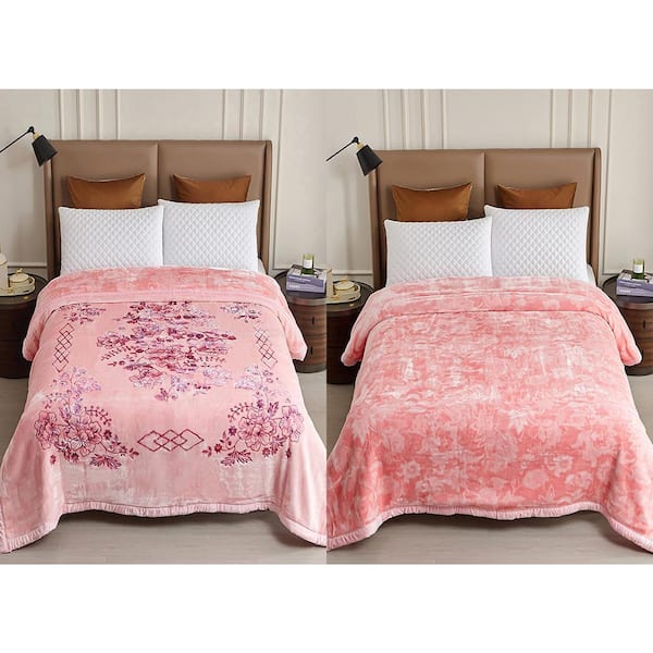 Pink Flower 2 Ply A,B Design Embossed Polyester Fleece 87 in. x 94 in. Bed Blanket for Winter, 10.5 lbs.