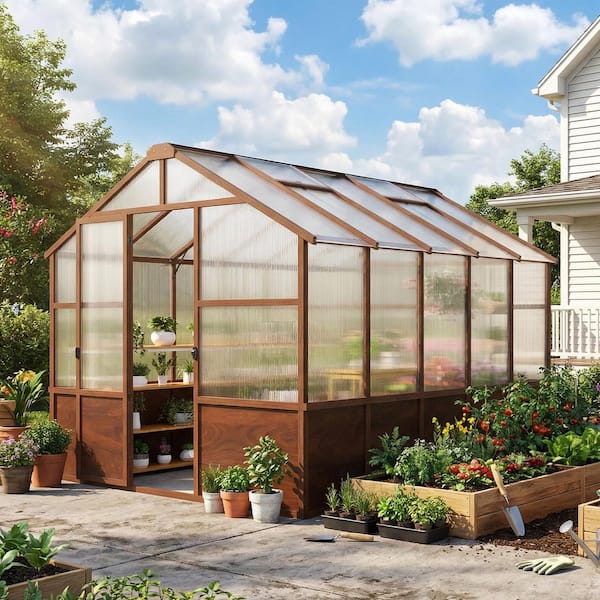 Epicpoplar 8 ft. x 10 ft. Cedar Wood Walk-In Greenhouse Kit with
