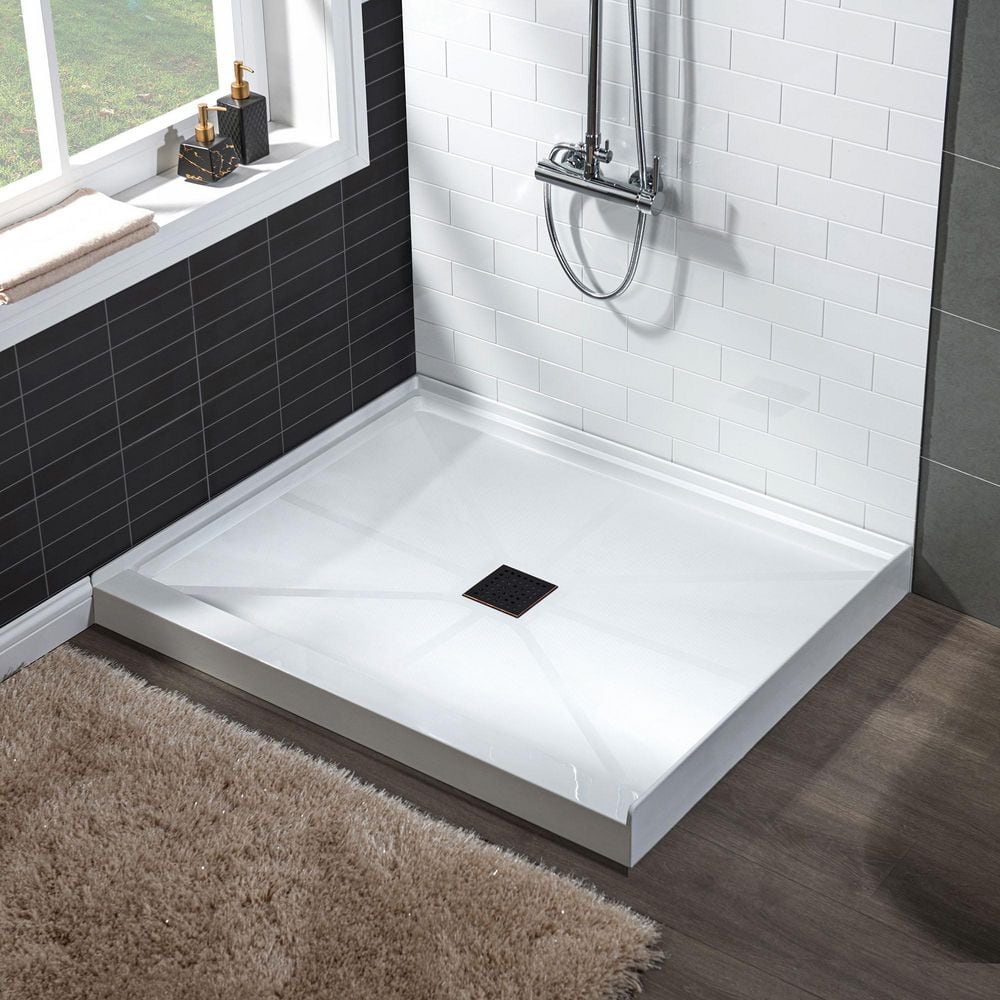 36" White Solid Surface Square Shower Pan Base with Oil-Rubbed Bronze Drain Cover