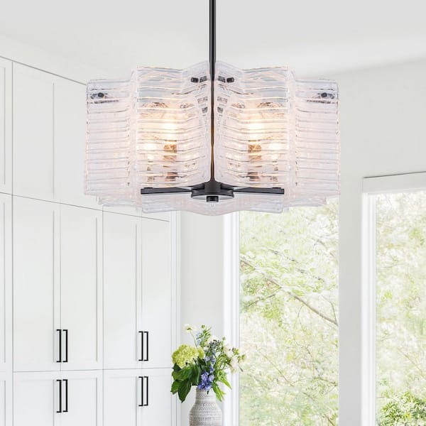 MENCOLULU 17.72 in. 5-Light Modern Matte Black Round Chandelier with White Cloud Glass Shades for Dining Room