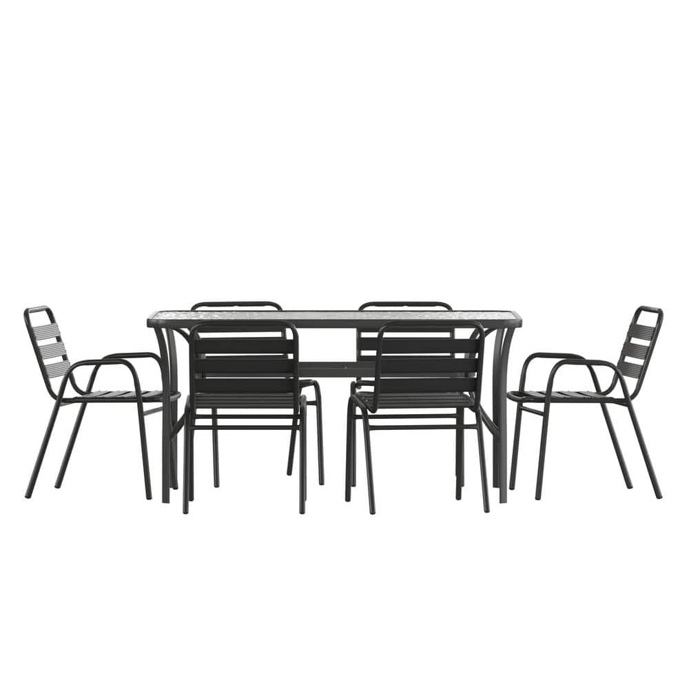 Black 7-Piece Aluminum Rectangle Outdoor Dining Set