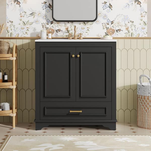 30.5 in. Freestanding Black Bath Vanity with White Ceramic Top, 2-large Soft Closing Doors