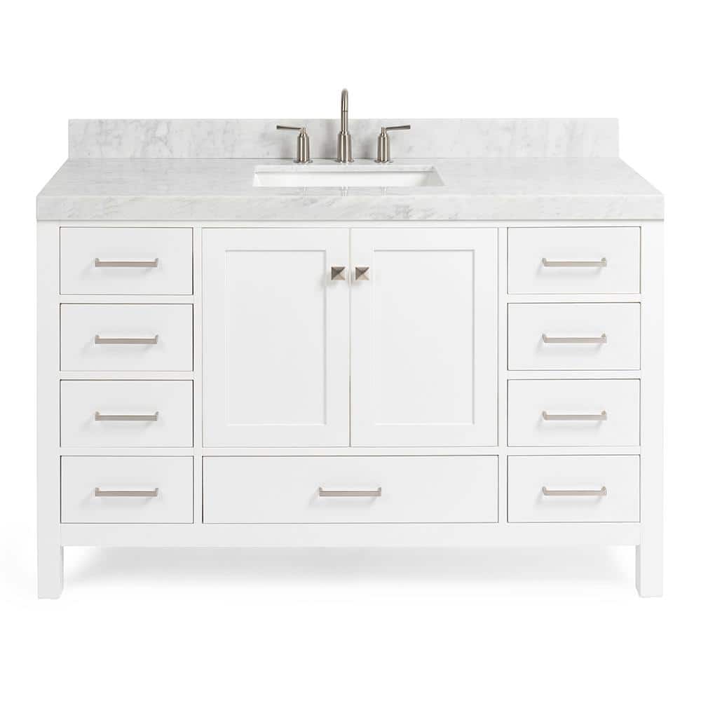 Cambridge 54'' White Wood Single Sink Vanity with Carrara Marble Top