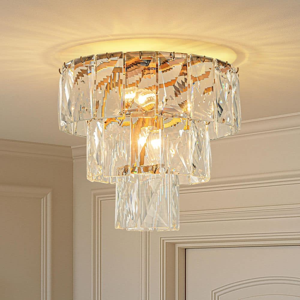 18 in. 4-Lights Modern Glam Antique Gold Crystal Tiered Flush Mount Luxury 