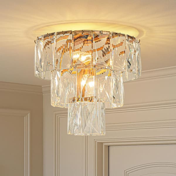 18 in. 4-Lights Modern Glam Antique Gold Crystal Tiered Flush Mount Luxury Ceiling light For Foyer and Entryway