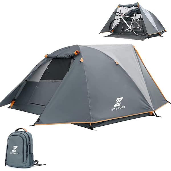 Camping Tent 2-Person, Aluminum Poles Tent with Bike Shed and Rainfly-Portable Dome Tents for Camping in Gray
