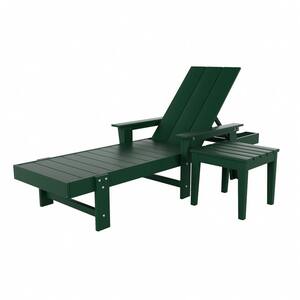 Shoreside 2Piece Modern Poly Plastic Adjustable Reclining Outdoor Patio Chaise Lounge Armchair and Table Set, Dark Green