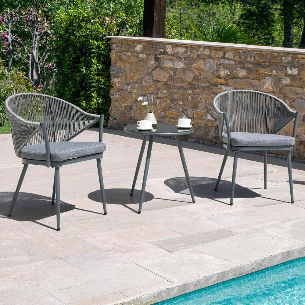 Gray Aluminum Rope Dining Chairs with Cushions, Set of 2