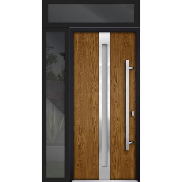 VDOMDOORS 50 in. x 96 in. Left-Hand/Inswing 2 Sidelights Frosted Glass Oak Steel Prehung Front Door with Hardware