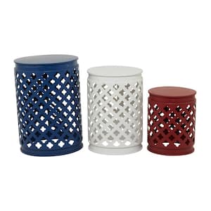 16 in. Multi Colored Round Iron Indoor Outdoor Stackable Nesting End Table with Laser Carved Trellis Design 3-Pieces