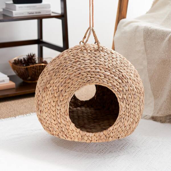 maocao hoom Water Hyacinth Woven Wicker Round Cat Bed Cave with