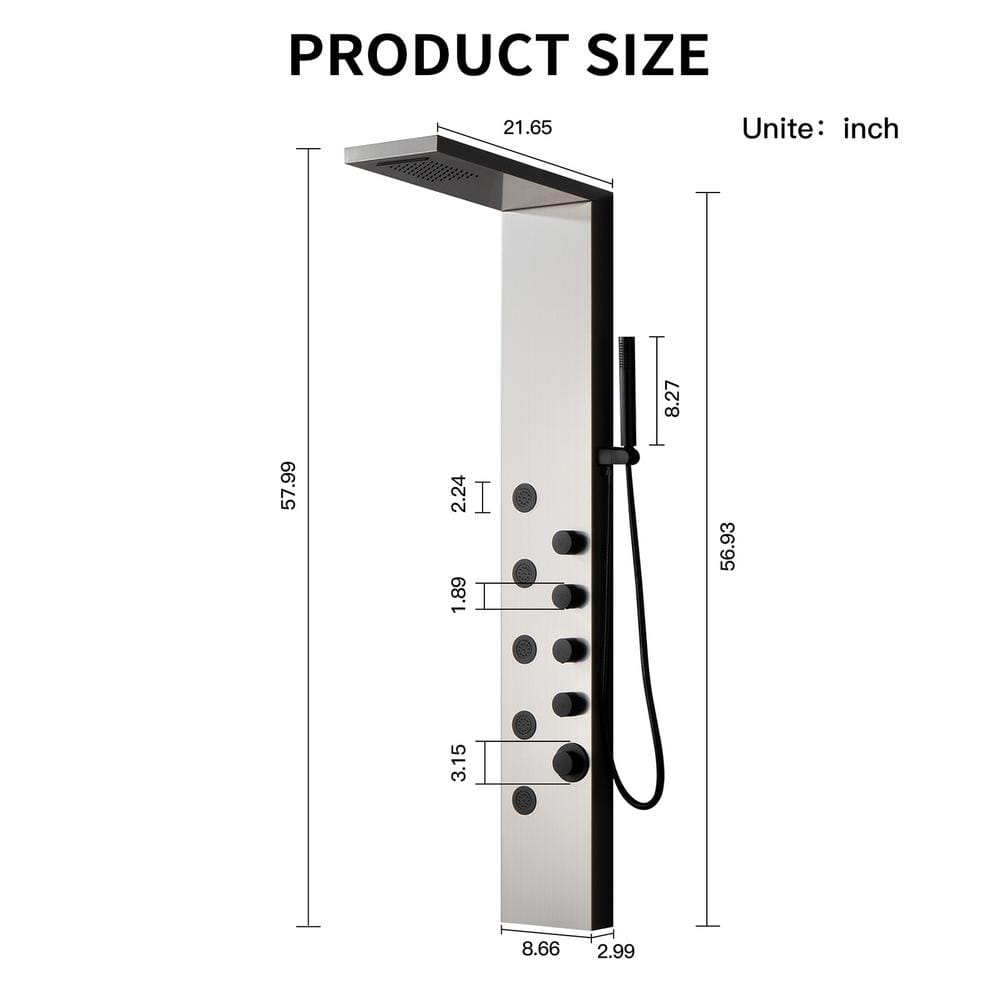 Brushed Nickel 5-Jet Rainfall Shower Panel System with Handheld Wand