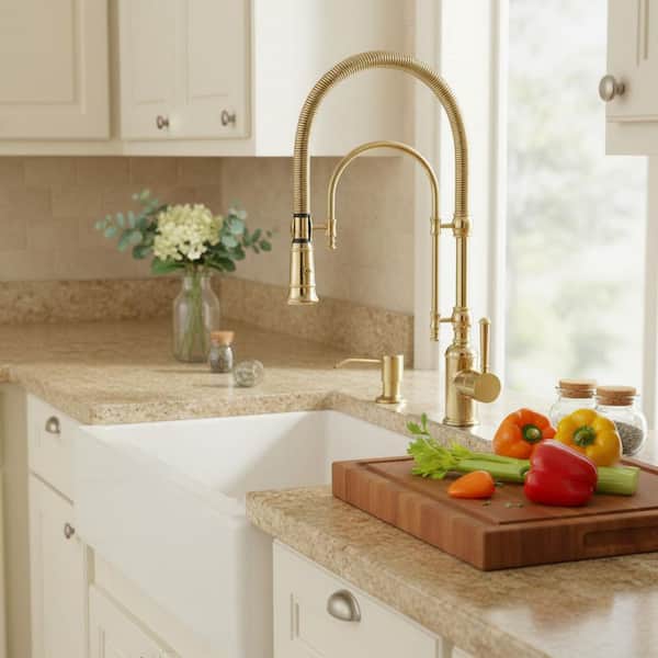 Single Handle Pull Down Sprayer Kitchen Faucet Solid Brass with Soap Dispenser in Brushed Gold