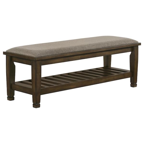 Coaster Burnished Oak and Beige Bench with Lower Shelf 18.5in x 50.5in x 17.75in