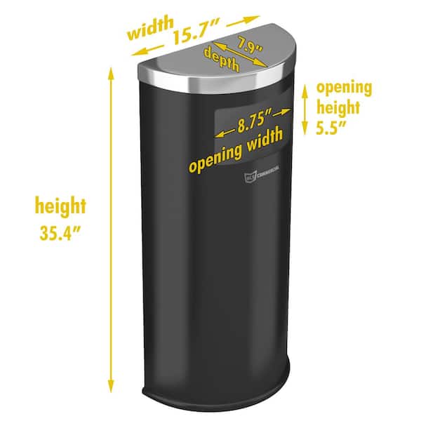 HLS Commercial 9 gal. Black Stainless Steel Trash Can with Inner Bin, Half-Round Side-Entry with Wall Mount for Restroom, Office, Lobby