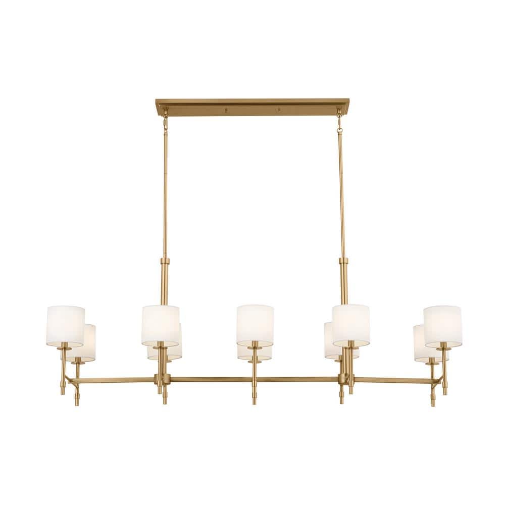 Brushed Brass 10-Light Linear Chandelier with Fabric Drum Shades