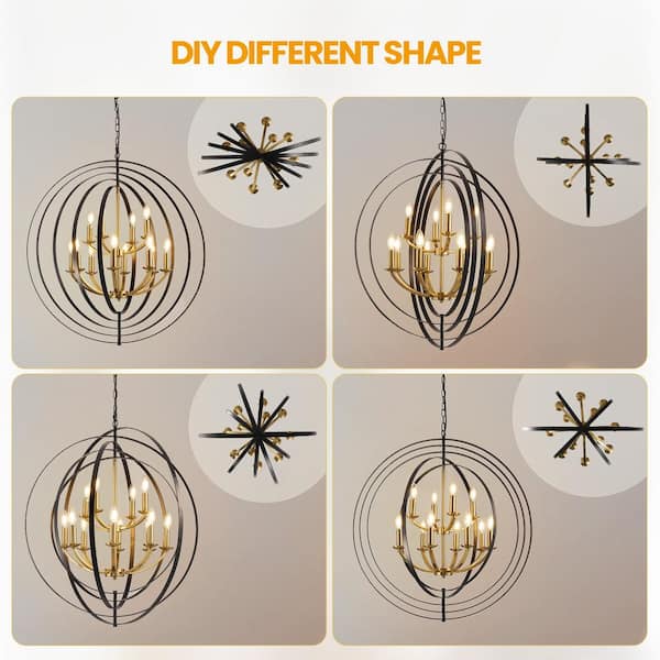 12-Light Black and Gold Modern Industrial Chandelier for Entryway Bedroom Dining Living Room Hallway